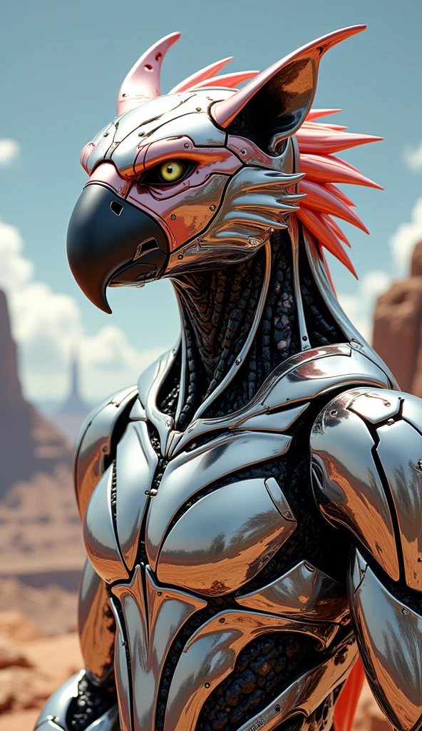 sci-fi, digital art, robotic [Parrot| Jaguar], the Parrot is wearing a Bardcore fashion style cybernetics, Sharp and in focus, art by Donald Pass, Anime screencap, robot, fantasy, handsome, highly intricate, intricate detail, confident, highly contrasted, artistic, extremely rich detail, dynamic background