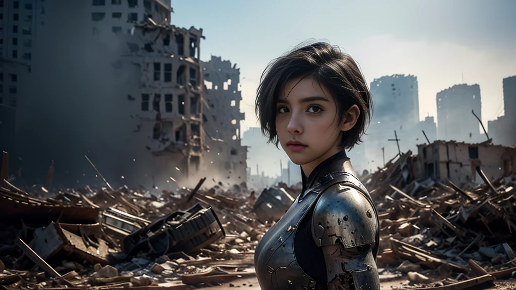 masterpiece,  high resolution ,8K,( Portrait Photos:1.5),(R Original Photo),Reality,Digital Photography,(Ruins of the Apocalypse  ),City ruins，20 year old pretty female ，Short hair，Shut up，  post-apocalyptic scene ， Upper body photography ，Damaged Armor，Full figure