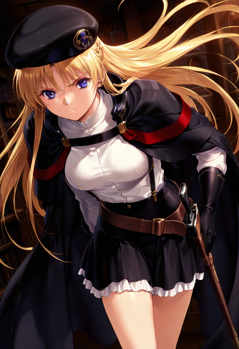 A highly detailed and high resolution image of "Sharon"; A blonde haired pretty young girl with long hair; cute, dressed in a goth steampunk outfit with a black coat, black low-cut cropped banded top, exposed decolletage, a belt, black miniskirt, white suspenders, black gloves, black beret; she has a serious look on her face and she is holding a realistic six-shooter revolver with an accurate and realistic grip; she is standing in a steampunk factory with wheels, levers, cogs and steam; BREAK: quality\(8k,wallpaper of extremely detailed CG unit, high resolution, top-quality, top-quality real texture skin, hyper realistic, increase the resolution, RAW photos, best quality, highly detailed, the wallpaper, golden ratio, high saturation realism, vibrant colors, dramatic lighting, persuasive storytelling, atmospheric scenery, captivating visuals, intricate details, strong emotions, dreamlike world\),(dynamic angle:1.4); front view, she is leaning forward to aim her revolver.