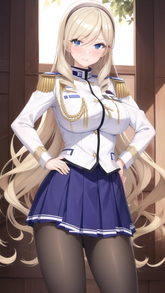 (masterpiece, best quality:1.2), cowboy shot, solo, 1girl, aintree, (slight smile:0.9), looking at viewer, hand on hip, hairband, uniform, epaulettes, pleated skirt, pantyhose