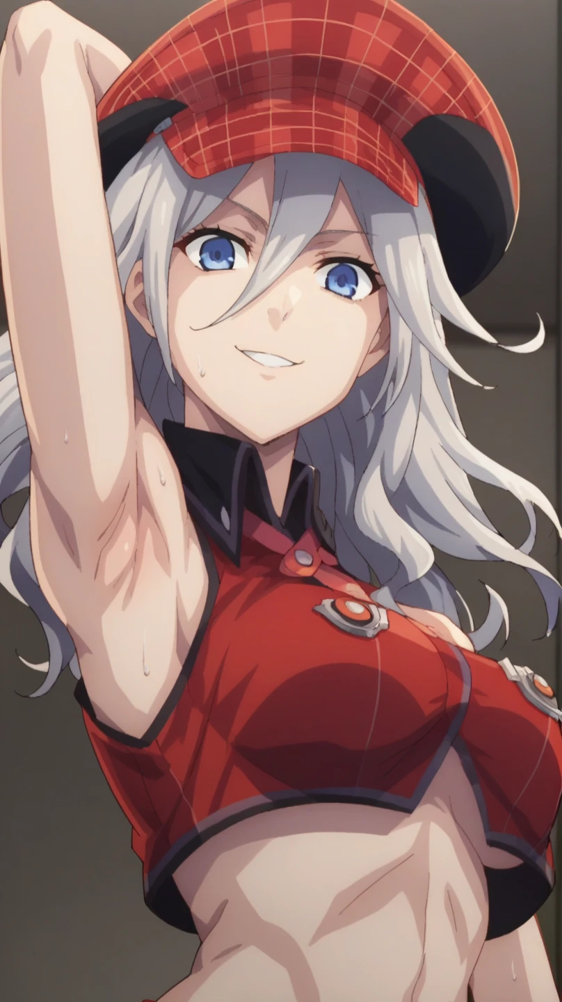 score_9, score_8_up, score_7_up, source_anime, anime screencap, 1girl, solo, alisa god eater, long hair, silver hair, wavy hair, alisa god eater outfit, large breasts, blue eyes, hat, red strap, midriff, underboobs, bangs, arm behind head, armpit, looking at viewer, head towards viewer, smile, badhandv4, indoors, night, bare shoulders, bare arms, from side, from below, sweaty armpits, elbow gloves,