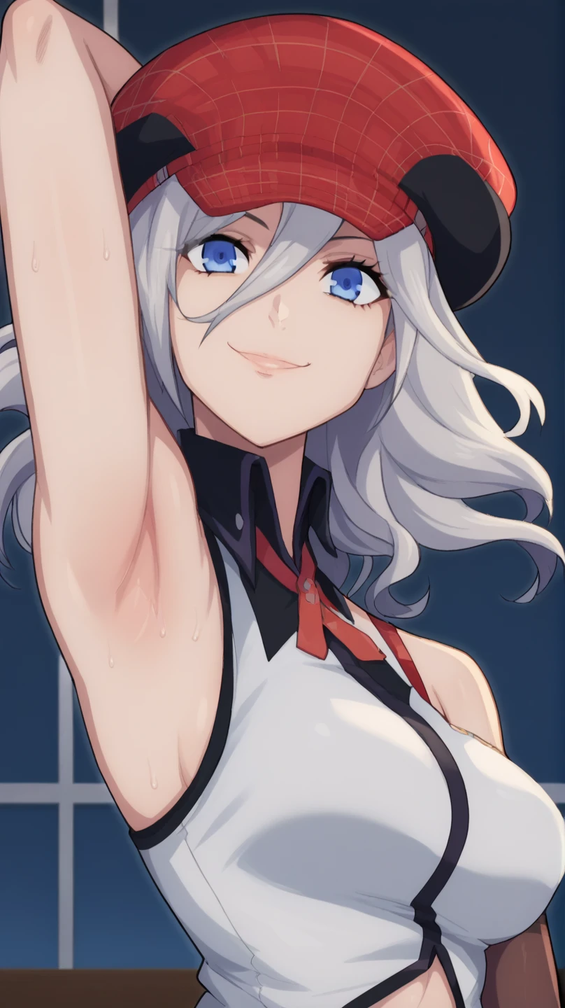 score_9, score_8_up, score_7_up, source_anime, anime screencap, 1girl, solo, alisa god eater, long hair, silver hair, wavy hair, alisa god eater outfit, large breasts, blue eyes, hat, red strap, midriff, underboobs, bangs, arm behind head, armpit, looking at viewer, head towards viewer, smile, badhandv4, indoors, night, bare shoulders, bare arms, from side, from below, sweaty armpits, elbow gloves,