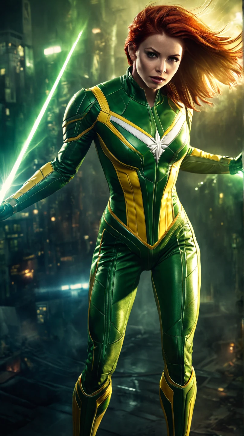 The most realistic, photorealistic photo ever taken [Realistic portrait of a female mutant superhero with auburn hair and a white streak, wearing a green and yellow costume with gloves and a brown leather jacket, standing confidently in a dramatic pose. Hyper-detailed rendering, cinematic lighting, dynamic background with subtle action elements, ultra-realistic textures, 8K resolution., x-men, marvel, stills archive, sonypictures .com]