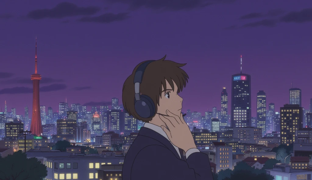  top quality , LOFI風、 Handsome boy listening to music while wearing headphones alone in a beautiful city at night、 anime style、Overall fashionable 、Ghibli style、The background is purplish、Pointillism Method 