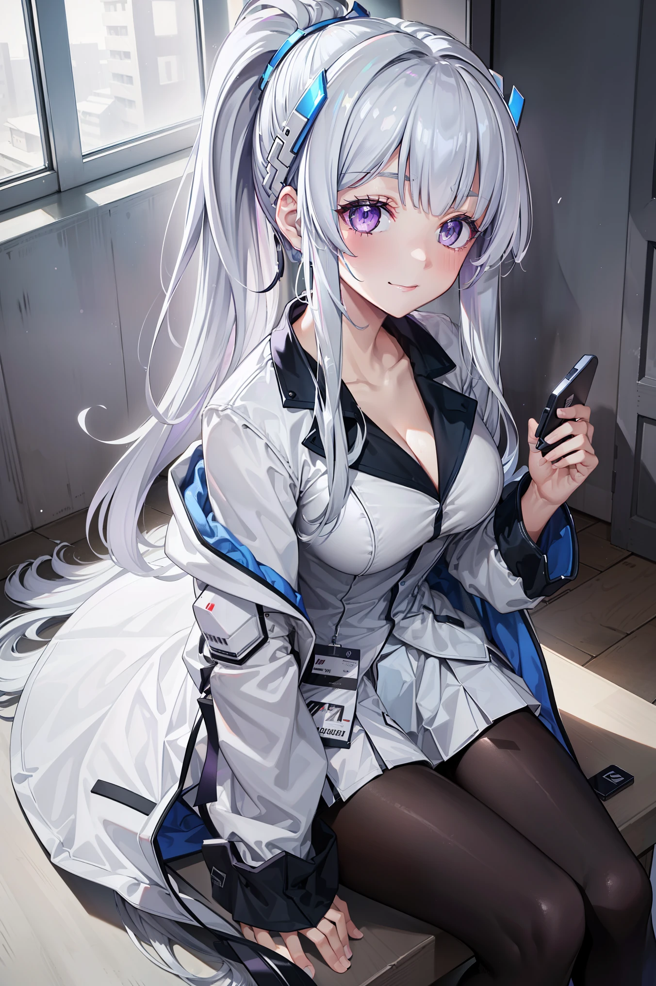 ( Best Quality ,4K,8K, high resolution , masterpiece :1.2), super detailed , girl ,Holy,( silver white hair ) , Purple Eyes,obsessed, Single ponytail, pajamas,Gel coat, happy ,