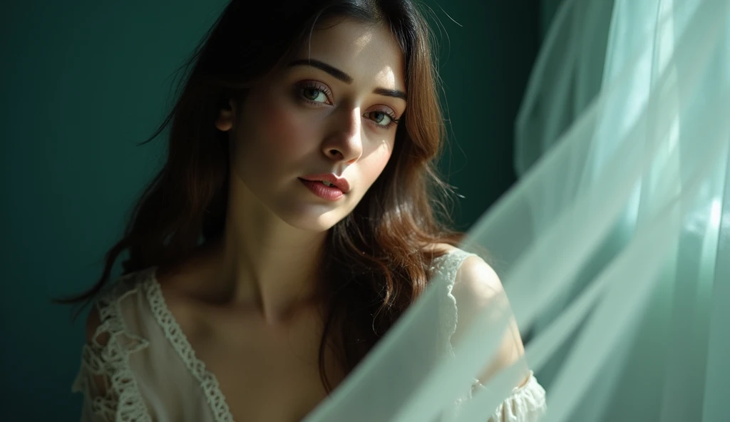 Close-up portrait of payalrajputukohwx .  Her gaze is directed slightly off to the viewer's right.  She has long, dark brown hair, styled in loose waves, framing her face.  She is wearing a lacy, off-white, vintage-inspired top with delicate lace detailing around the neckline.  Her expression is pensive and slightly melancholic, reflecting a quiet contemplation.  Her lips are soft pink and full.  Her skin is smooth and luminous, with subtle highlights from the light source.  Visible light patterns create a unique texture on her face, highlighting her cheekbones and emphasizing her features.  Soft, diffused teal-toned background emphasizes the subject’s features within a delicate, ethereal aesthetic. The lighting is soft and diffused, highlighting her features and creating a soft, almost dreamlike atmosphere.  The background is out of focus and a pale teal color, creating a dramatic contrast against the dark background.  A sheer, translucent veil or fabric is visible in the mid-ground, adding to the ethereal ambience. The composition is a close-up, focusing on the facial expression, features, and the play of light. The overall style is suggestive of fine art portraiture, romanticism, and delicate beauty, emphasizing soft diffused light, and an atmospheric mood.
