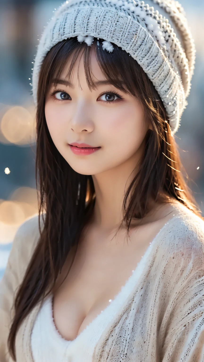 (warm fur clothes : 1.5), (snow & Winter Background : 1.5), (Knitted hat : 1.4), young and adorable Japanese face, Official Art, high definition CG Unity 8k wallpaper,Ultra high definition ,Very detailed, half photos with Brazil, high definition , Kodak Portrait 400, film grain , lens flare glow, best quality,8k, as a portrait shot,8k, Show viewer, (( best quality)), ( super detailed), smile, (( sexy)), (( Very detailedな)), (detailed clothing features), (beautiful), Illustration, beautiful Japanese woman, ((1 female)), (Bold Cleavage : 1.3)