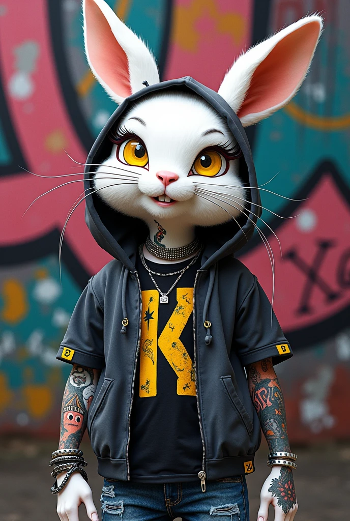 Cool and trendy cat, Platinum Hair, Purple eyes, Wear trendy hip hop clothes, Wearing a hoodie, Graphic t-shirt and ripped jeans, Lots of tattoos and piercings, Graffiti style background, Highly detailed background, A perfect masterpiece, high quality, High resolution