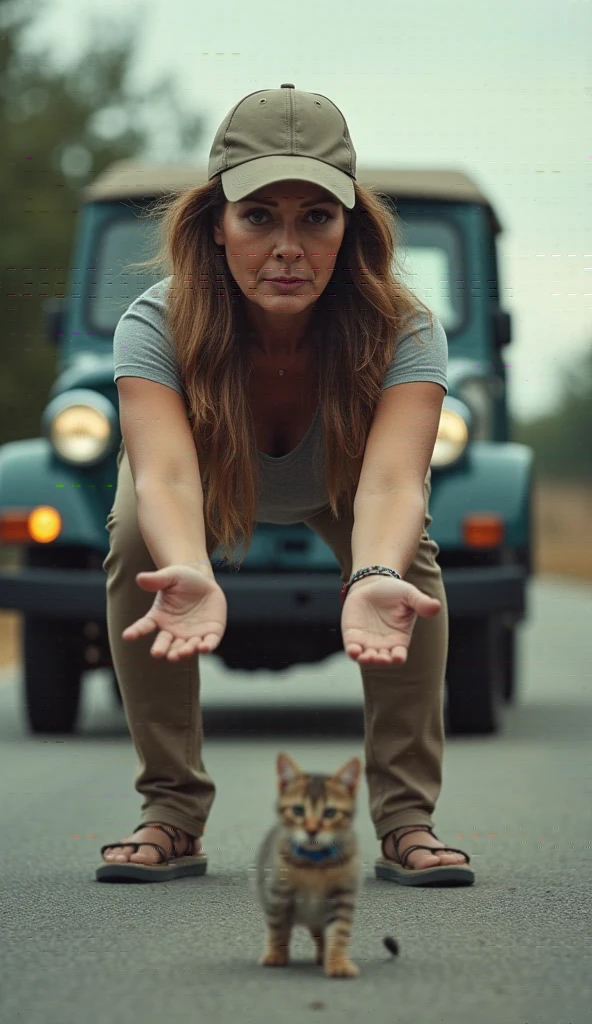 A matur woman with long hair wearing a cap and t-shirt stands in front of a vehicle and stops it with her hands, a small skinny kitten can be seen on the road in front of the vehicle. 