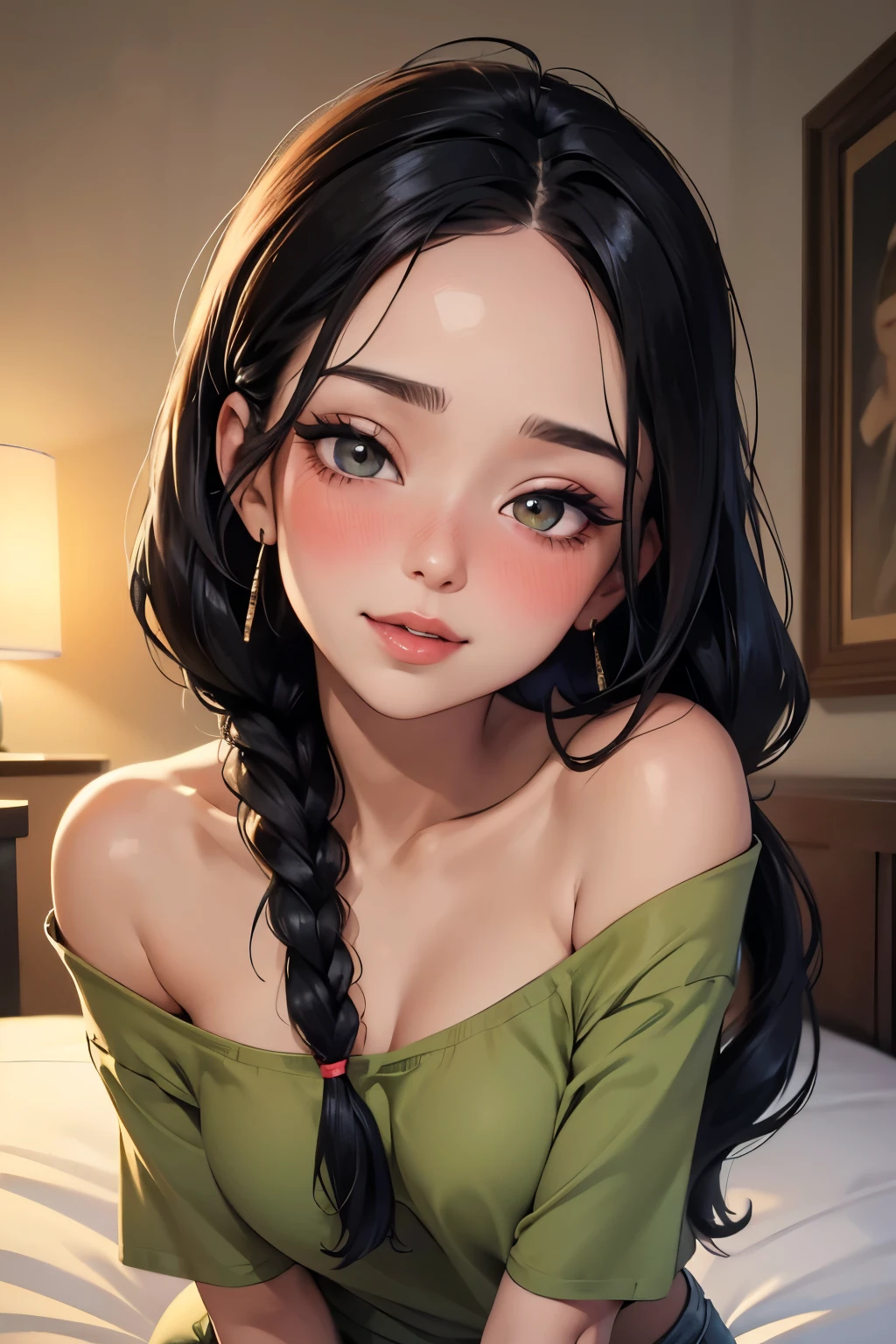 Amazing portrait of a sexy woman with her black hair in a single braid having a long forehead with seductive eyes and her lips parted smiling with the deepest blush wearing an off shoulder olive green t shirt and blue short shorts lying on the bed being very seductive and aroused during night time with soft lighting emphasizing her beautiful face