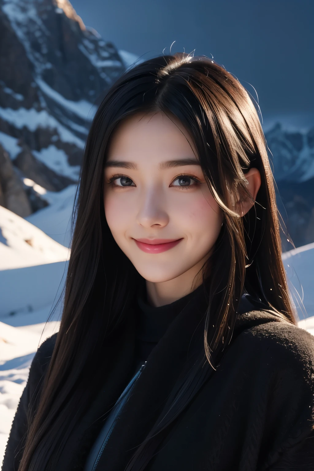 (ultra Realistic) , (illustration), (Enhance resolution), (8k), ( Extremely Detailed), ( detailed face ), Black Straight Hair, Slim Body, in the dark , deep shadow, low profile, pureerosfaceace_v1, Happy smile, Winter, Mountain