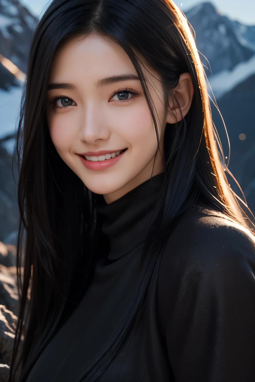 (ultra Realistic) , (illustration), (Enhance resolution), (8k), ( Extremely Detailed), ( detailed face ), Black Straight Hair, Slim Body, in the dark , deep shadow, low profile, pureerosfaceace_v1, Happy smile, Winter, Mountain