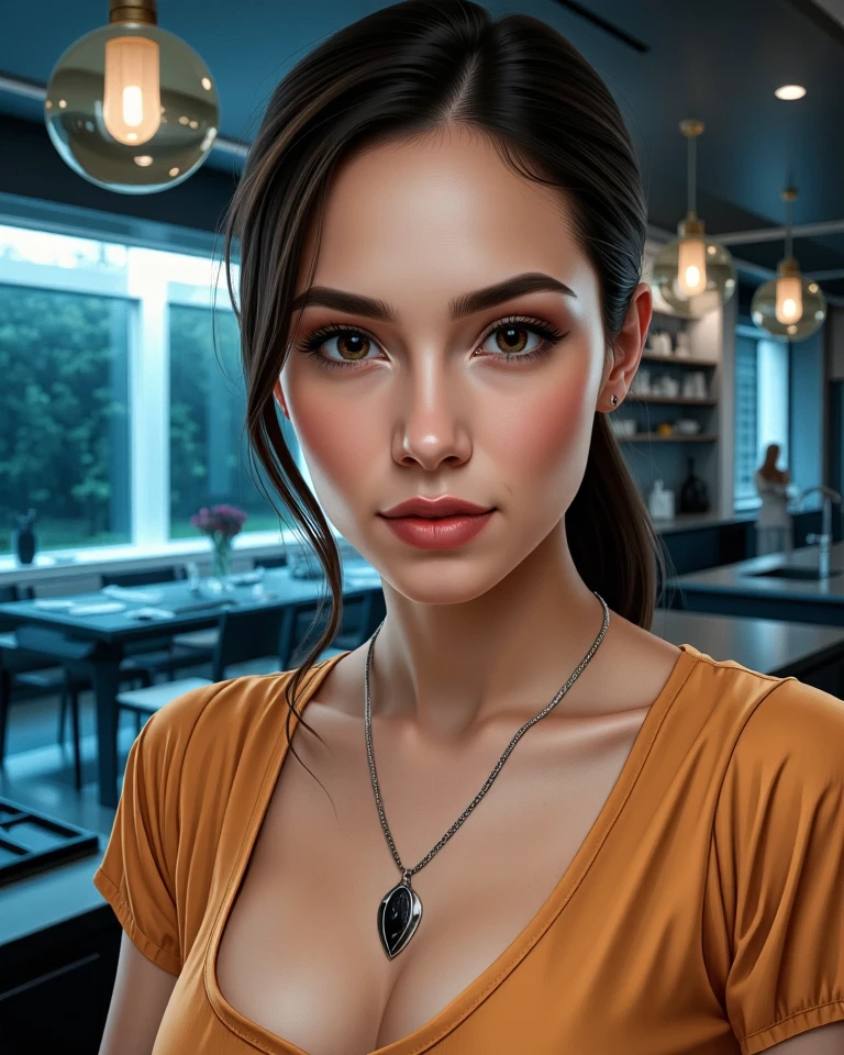 Head shot of Gorgeous and Alluring Indonesian Woman wearing stylish wardrobe in an Open Space Kitchen with waterfall counter tops. Highly detailed and intricate photorealistic oil on canvas painting, wide angle, 24mm f/1.4, 15mm, 35mm, 4k, high resolution, 4k, 8k, i, full color, 4k, 8k, 4k, high definition