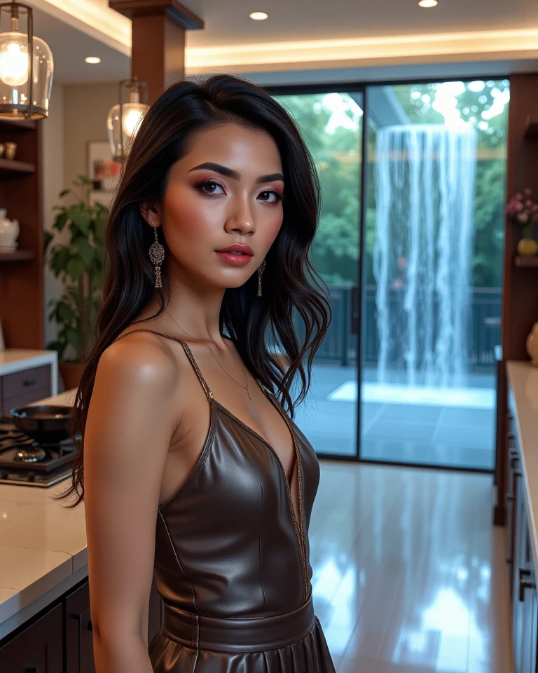 Head shot of Gorgeous and Alluring Indonesian Woman wearing stylish wardrobe in an Open Space Kitchen with waterfall counter tops. Highly detailed and intricate photorealistic oil on canvas painting, wide angle, 24mm f/1.4, 15mm, 35mm, 4k, high resolution, 4k, 8k, i, full color, 4k, 8k, 4k, high definition