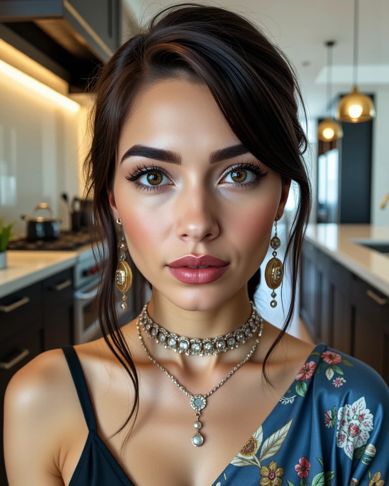 Head shot of Gorgeous and Alluring Indonesian Woman wearing stylish wardrobe in an Open Space Kitchen with waterfall counter tops. Highly detailed and intricate photorealistic oil on canvas painting, wide angle, 24mm f/1.4, 15mm, 35mm, 4k, high resolution, 4k, 8k, i, full color, 4k, 8k, 4k, high definition