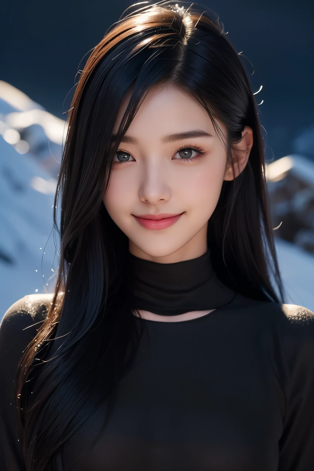 (ultra Realistic) , (illustration), (Enhance resolution), (8k), ( Extremely Detailed), ( detailed face ), Black Straight Hair, Slim Body, in the dark , deep shadow, low profile, pureerosfaceace_v1, Happy smile, Winter, Mountain