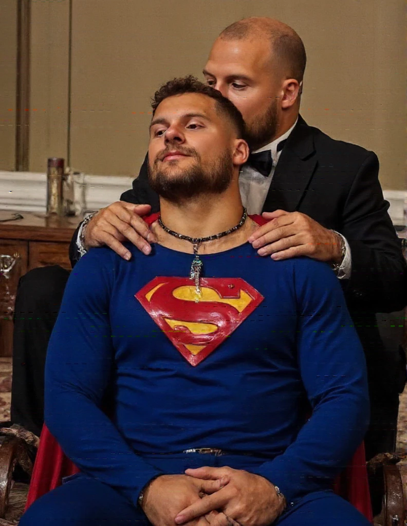 They kiss each oter. Superman can't refuse kiss.gay kiss.full body shot of a muscular attractive, nick bosa good looking man with Short stubble, muscular thighs, dressed in a blue Superman costume. He has a pained expression, orgasm face, eyes closed, mouth slightly open. He is at home on sofa, a bright emerald green crystal pendant hanging from his neck. He appears weak and in pain, with his eyes closed. Behind nick bosa stands Lex is bald man wearing black suits, touching Superman's chest with his hands. Lex kiss Superman.They kiss each other. Superman can't refuse passion kiss. Gay kiss