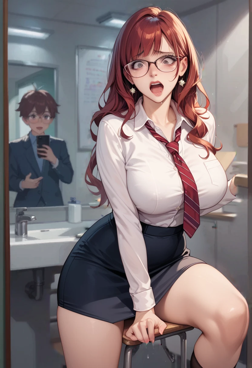 The scared perverted teacher, is a woman with long dark red hair and glasses and dressed as a teacher, she is thirty years old and has her legs open with one hand between her legs as if she is trying to hide something and hold up her skirt, expression: (terrified but excited, the teacher's legs are open.)