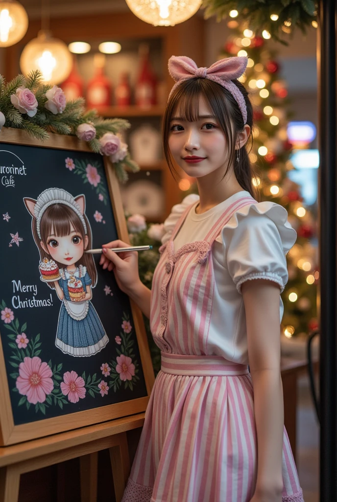 ultra-realistic, photorealistic, dramatic scene, shadow, global-illumination, solo, (20 years old Japanese famous idol girl:1.5), very beautiful fragile Japanese girl, very beautiful with very cute face, (modern maid, detailed face skin texture, cowboy shot:1.2), (wearing a cute pastel colored maid outfits with frills:1.2), (apron with vertical light navy stripes:1.2), happy smile, She draws a very cute large waitress girl of Chibi-Anime holding gorgeously decorated Christmas cakes that surrounded by the floral pattern on a blackboard with chalk, a blackboard is placed at the entrance of the Christmas decorated trendy café, Christmas tree with festive illuminations, (the blackboard reads "Merry Christmas! kurorinet cafe"), in winter