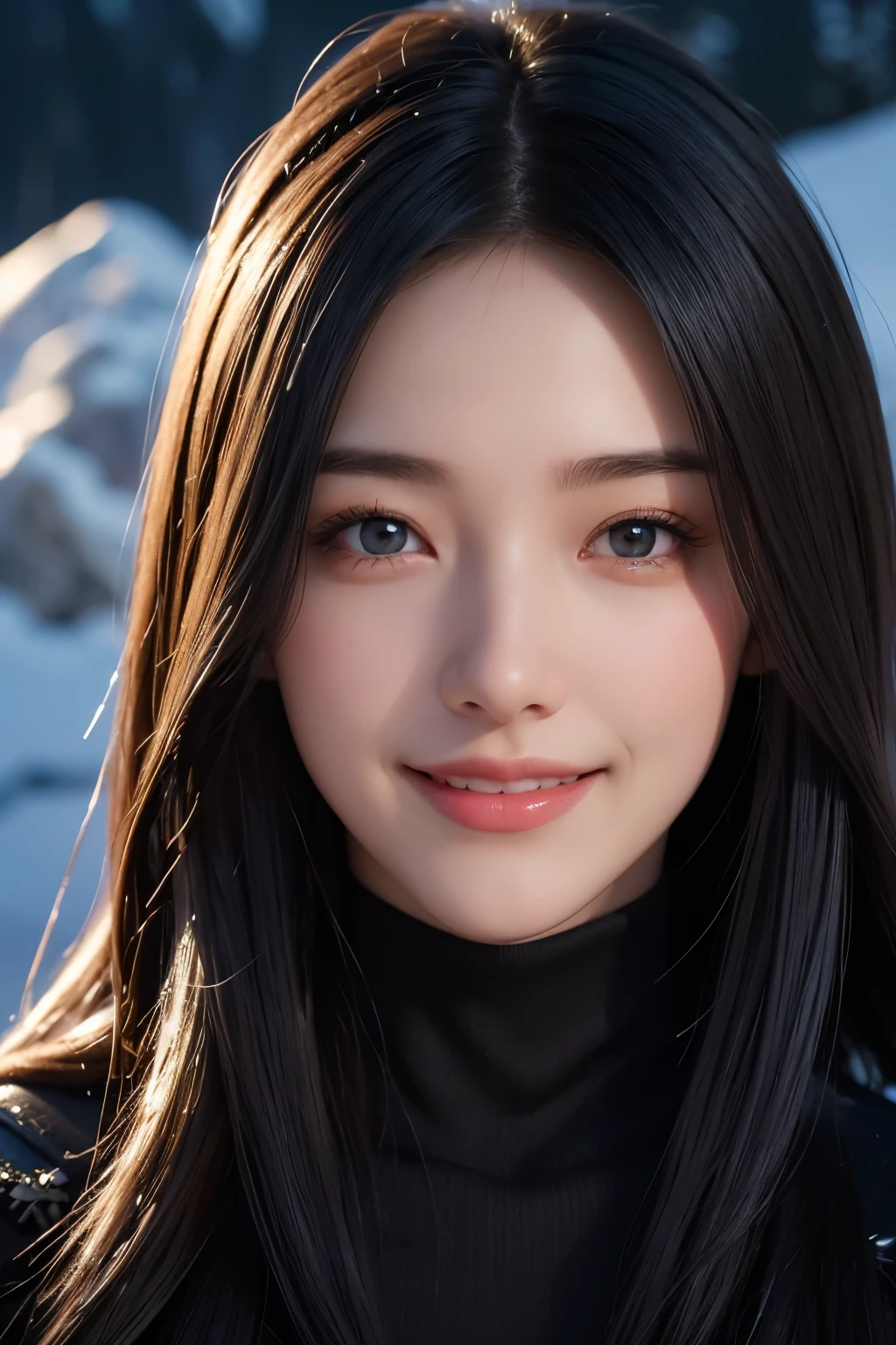 (ultra Realistic) , (illustration), (Enhance resolution), (8k), ( Extremely Detailed), ( detailed face ), Black Straight Hair, Slim Body, in the dark , deep shadow, low profile, pureerosfaceace_v1, Happy smile, Winter, Mountain