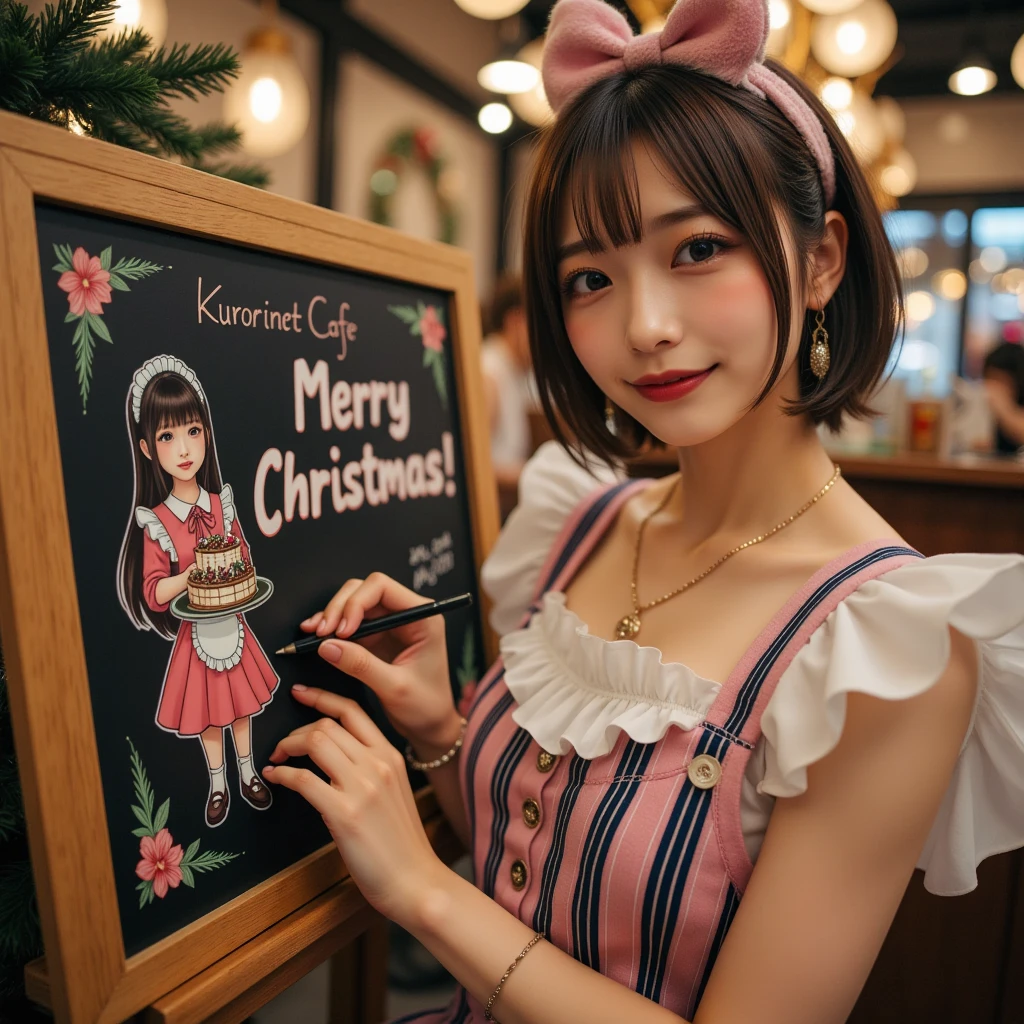 ultra-realistic, photorealistic, dramatic scene, shadow, global-illumination, solo, (20 years old Japanese famous idol girl:1.5), very beautiful fragile Japanese girl, very beautiful with very cute face, (modern maid, detailed face skin texture, cowboy shot:1.2), (wearing a cute pastel colored maid outfits with frills:1.2), (apron with vertical light navy stripes:1.2), happy smile, She draws a very cute large waitress girl of Chibi-Anime holding gorgeously decorated Christmas cakes that surrounded by the floral pattern on a blackboard with chalk, a blackboard is placed at the entrance of the Christmas decorated trendy café, Christmas tree with festive illuminations, (the blackboard reads "Merry Christmas! kurorinet cafe"), in winter