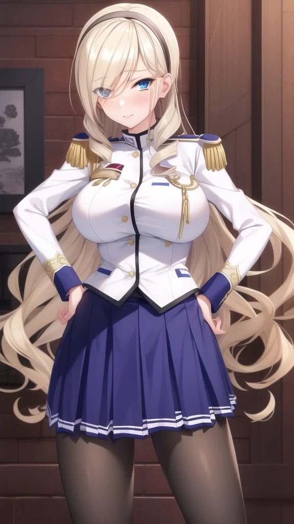 (masterpiece, best quality:1.2), cowboy shot, solo, 1girl, aintree, (slight smile:0.9), looking at viewer, hand on hip, hairband, uniform, epaulettes, pleated skirt, pantyhose