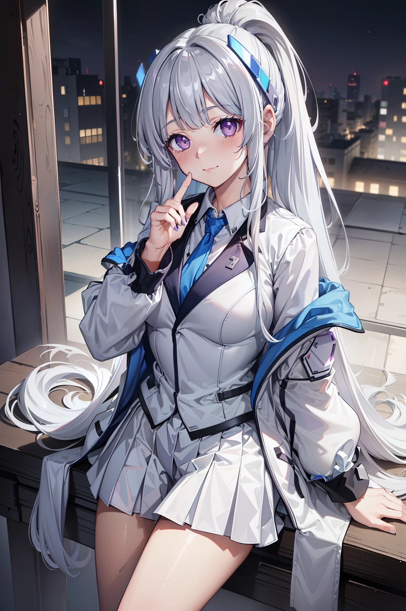 ( Best Quality ,4K,8K, high resolution , masterpiece :1.2), super detailed , girl ,Holy,( silver white hair ) , Purple Eyes,obsessed, Single ponytail, pajamas,Gel coat, happy ,