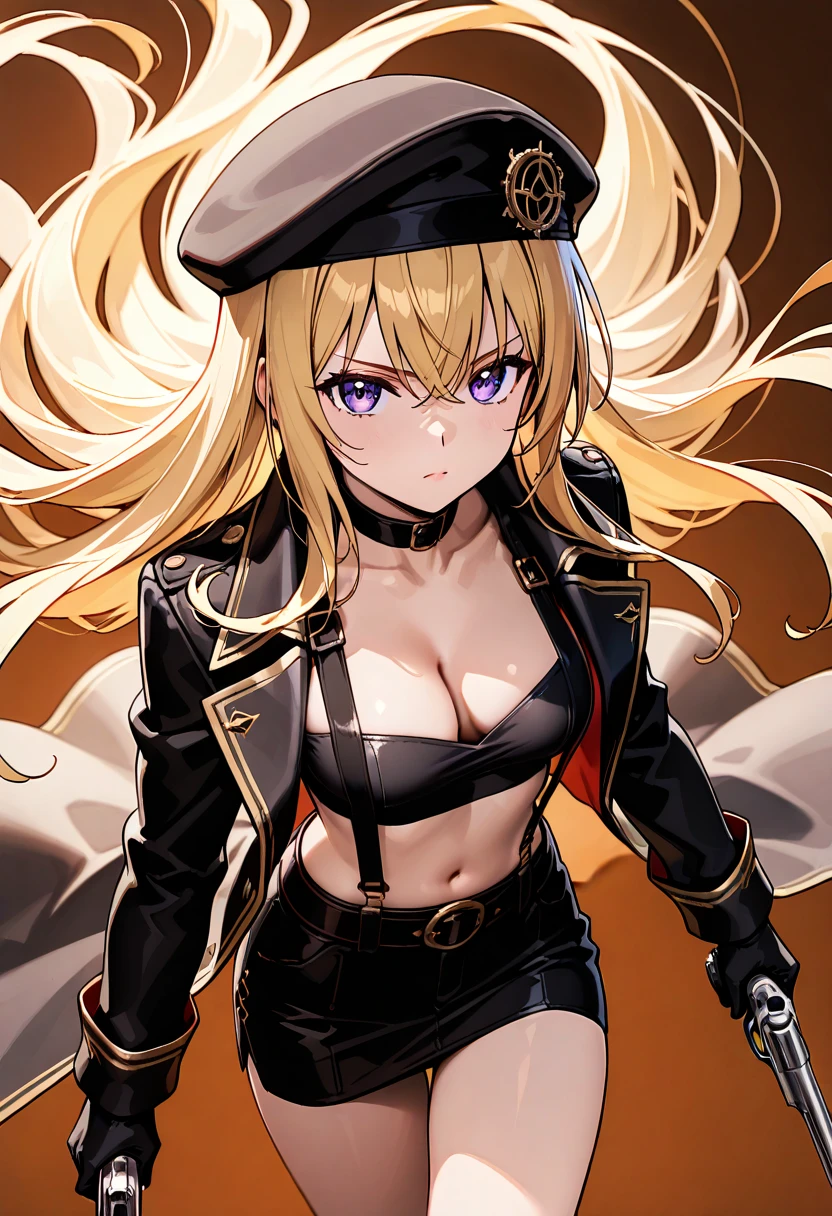 A highly detailed and high resolution image of "Madame President" [from Golden Boy]; A blonde haired pretty sophisticated woman with long hair; beautiful and elegant, dressed in a goth steampunk outfit with a black coat, black low-cut cropped tube top, exposed decolletage, a belt, black miniskirt, white suspenders, black gloves, black beret; she has a serious look on her face and she is holding a realistic six-shooter revolver with an accurate and realistic grip; she is standing in a steampunk factory with wheels, levers, cogs and steam; BREAK: quality\(8k,wallpaper of extremely detailed CG unit, high resolution, top-quality, top-quality real texture skin, hyper realistic, increase the resolution, RAW photos, best quality, highly detailed, the wallpaper, golden ratio, high saturation realism, vibrant colors, dramatic lighting, persuasive storytelling, atmospheric scenery, captivating visuals, intricate details, strong emotions, dreamlike world\),(dynamic angle:1.4); downblouse 