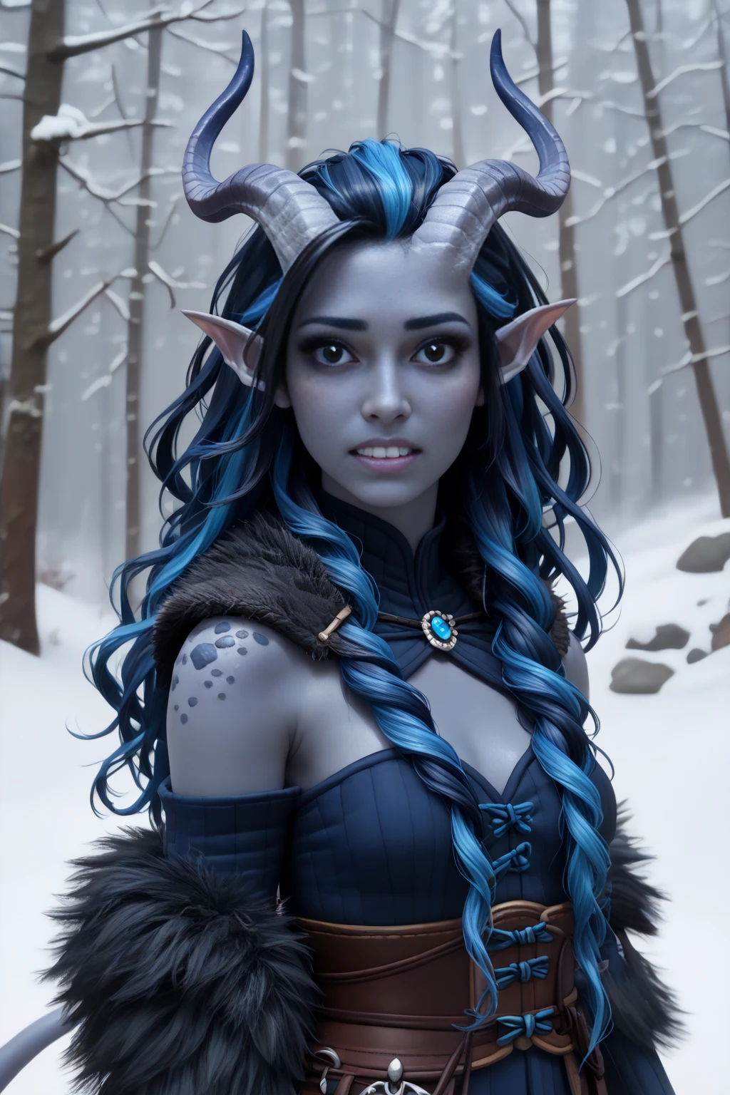 ( Snowy sprawling cedar ,  the winter cedar forest against the background of ), (1Тiefling ,  dark blue-gray skin :1.5), ( very thick long tiefling dragon tail :1.5), ( long black flowing hair with dark blue highlights:1.4), ( the bright blue-black pigmentation on the face :1.5), (blue-black freckles :1.2) , ( 2little fins on their heads :1.4), (bright blue-grey pupils,  Black eyes :1.4), ( blue-black pigmentation on the skin :1.5), ( dark grey straight short horns ), ( blue and black pigmentation on the tail :1.5),  girl  , (kind face), (slightly clenched teeth :1.2), (на лице эмоции от нестерпимого coldа), (in pain ), (coldно:1.2), [curiosity ], (35 years old:1.5), (adult:1.2), (Deep look:1.3), (запорошена в  snow у:1.2) , (покрыта  snow ом), (ежится от coldа:1.1) , ( frost on eyelashes :1.1), ( fur collar armor), (белый  snow  на голове:1.2), ( fur armor ), ( snow  на рогах и на голове:1.2), (chainmail), (you can see pigmentation on his shoulder ), (tail protection), (hands pressed to chest:1.3), (трясётся от coldа:1.1), [ snowy winter ], (visible in full), ( stands in the middle of the deep winter forest :1.3), (очень coldно), (blizzard,  snow , cold) , ( is standing with your back:1.2), (looking over shoulder:1.6), ( top quality), ( masterpiece fails), ( highest detail ),  fantasy background, blue tones, Dark tones, dark shades,  muted colors, [winter light ].