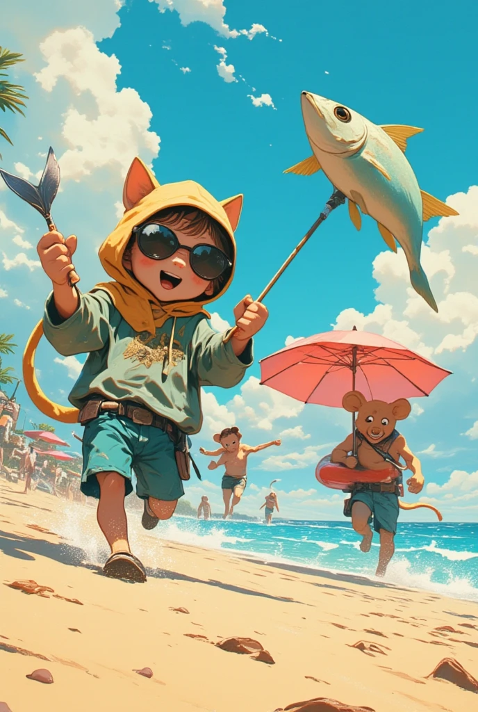  cartoon of a thief cat holding a fish on a sandy beach running away from a rat cop,plush toy art toy   , teddy bear,  Toy Machine   , Chill Hop,   album art,    art depicting pop ,  psychedelic hip hop album art ,    Promotional Art  , parasol,Swim ring,Cumulonimbus,  detailed cartoon ,amazing bathers , top quality ,  Ultra Fine, 