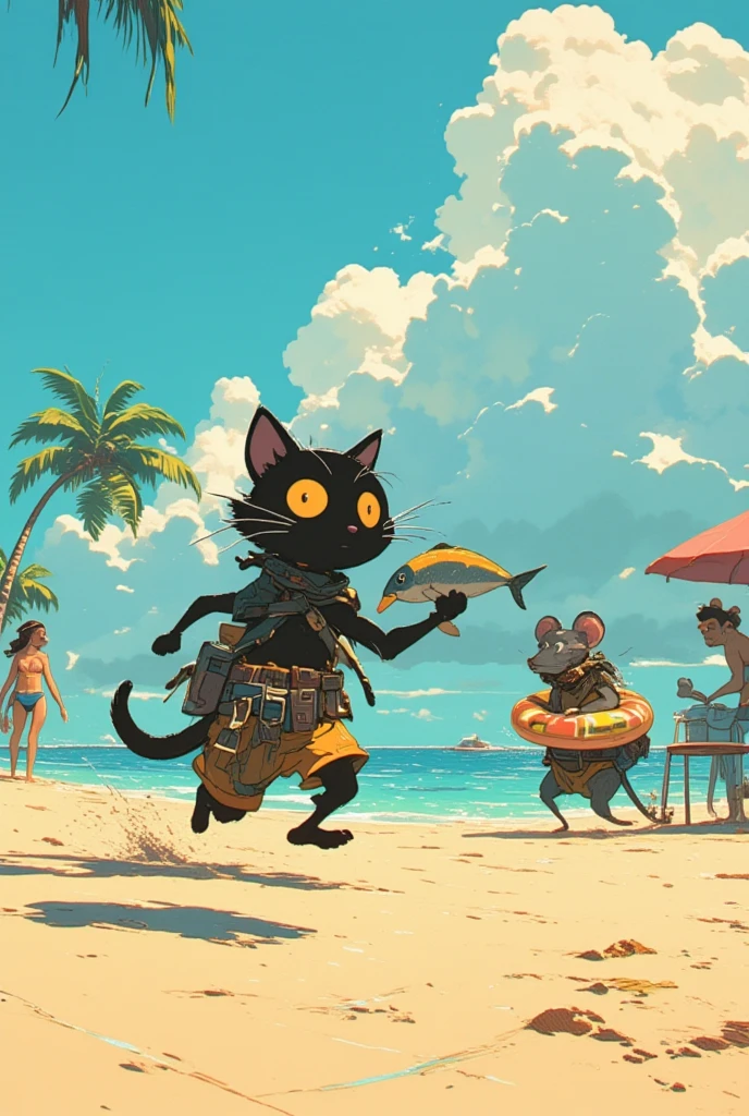  cartoon of a thief cat holding a fish on a sandy beach running away from a rat cop,plush toy art toy   , teddy bear,  Toy Machine   , Chill Hop,   album art,    art depicting pop horror   , サイケデリックヒップホップ  album art ,    Promotional Art  , Parasol,Swim ring,Cumulonimbus, moon