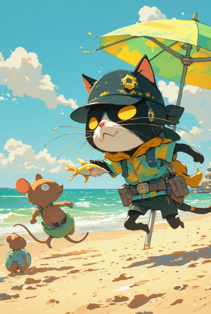  cartoon of a thief cat holding a fish on a sandy beach running away from a rat cop,plush toy art toy   , teddy bear,  Toy Machine   , Chill Hop,   album art,    art depicting pop horror   , サイケデリックヒップホップ  album art ,    Promotional Art  , Parasol,Swim ring,Cumulonimbus, moon