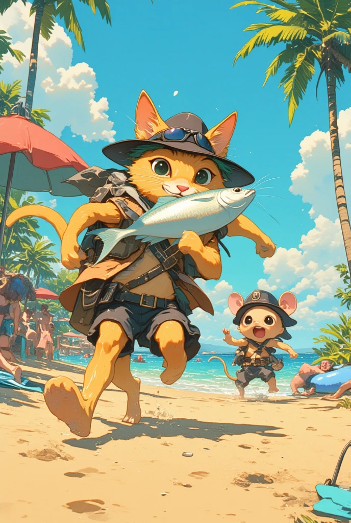  cartoon of a thief cat holding a fish on a sandy beach running away from a rat cop,plush toy art toy   , teddy bear,  Toy Machine   , Chill Hop,   album art,    art depicting pop horror   , サイケデリックヒップホップ  album art ,    Promotional Art  , Parasol,Swim ring,Cumulonimbus, moon