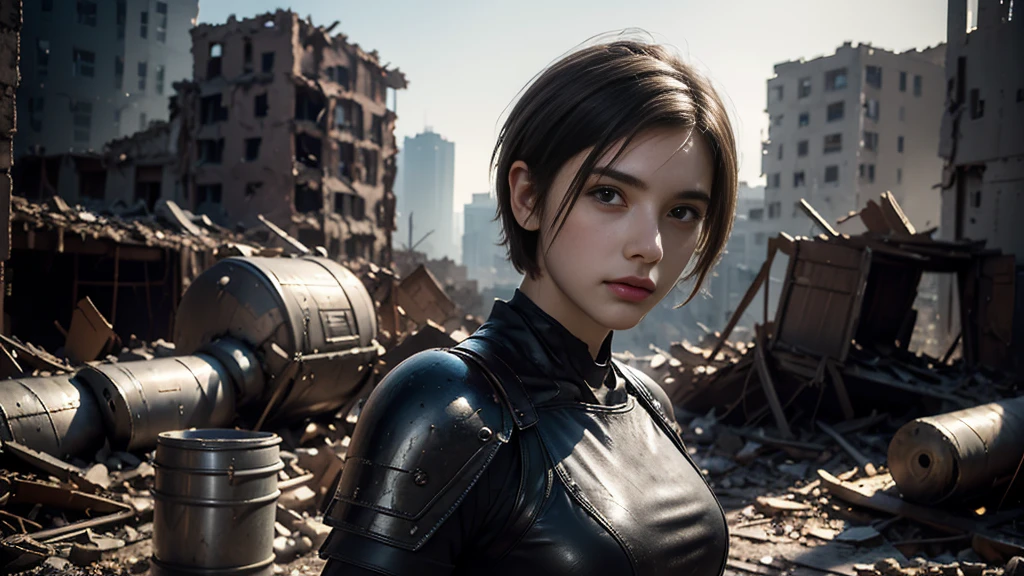 masterpiece,  high resolution ,8K,( Portrait Photos:1.5),(R Original Photo),Reality,Digital Photography,(Ruins of the Apocalypse  ),City ruins，20 year old pretty female ，Short hair，Shut up，  post-apocalyptic scene ， Upper body photography ，Damaged Armor，Full figure