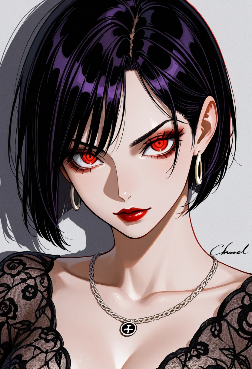 1 girl, Red eyes, very Short hair, black choker, Black lipstick, portrait, unexpressive, black hair, female , ears piercings, tank top, turning look at viewer