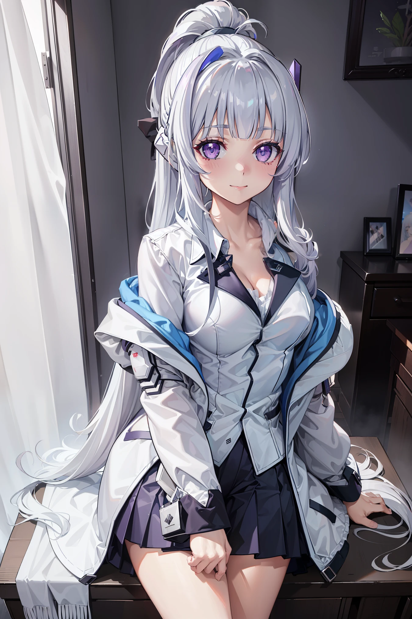 (      Best Quality   ,4K,8K,     high resolution , masterpiece :1.2),         super detailed       ,  girl ，Holy，(     silver white hair     ) ， Purple Eyes，obsessed，  Single ponytail，  pajamas，Gel coat， happy    ，  