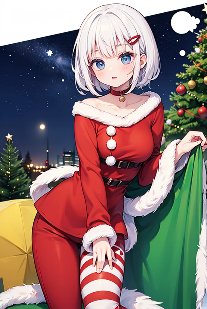 Christmas costume, Christmas pants, Christmas clothes, striped clothes, Christmas uniform, red and white stripes, long sleeves, collarbone,siesta, short hair, bangs, blue eyes, hair ornament, white hair, hairclip,