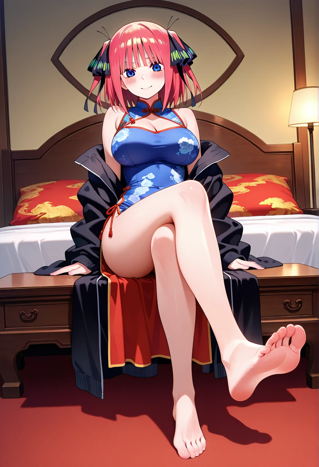 Dark Magician Girl、MKSKS style、1 person、(highly detailed back ground:1.0)、(highly detailed back ground:1.0)、​masterpiece、top-quality、超A high resolution、in 8K、full body Esbian、They enjoy、sitting on、Break HA、(1/2 and 1 orange/2 red hair)、BREAK、Detailed skin、glowy skin、Sandals、A detailed eye、Blue eyes、Burning cheeks、Wearing makeup、Laughing、Large breasts、Break HA、(1/2 pink and 1/2 Light blue yukata、Detailed yukata)、BREAK、(ryokan:1.5、inside in room)