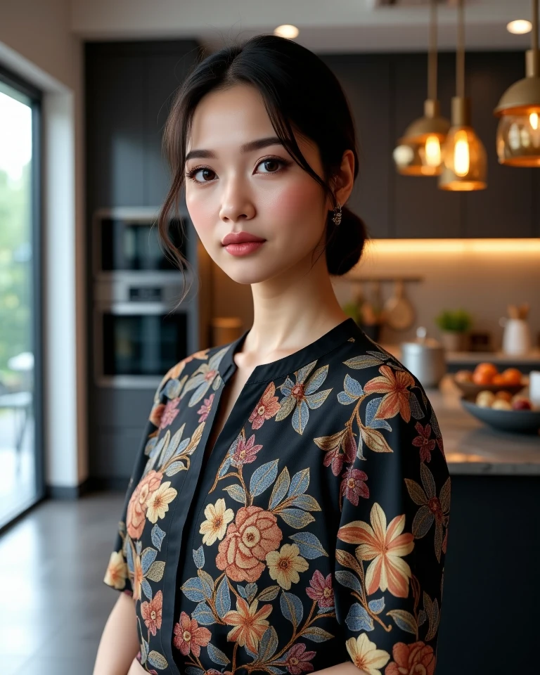 Head shot of Gorgeous and Alluring Indonesian Woman, exotic Indonesian beauty, she is wearing stylish elegant batik wardrobe in an Open Space Kitchen with waterfall counter tops. Highly detailed and intricate photorealistic CGI 3D render, wide angle, 24mm f/1.4, 15mm, 35mm, 4k, high resolution, 4k, 8k, high definition, full color, 4k, 8k, 4k, high definition