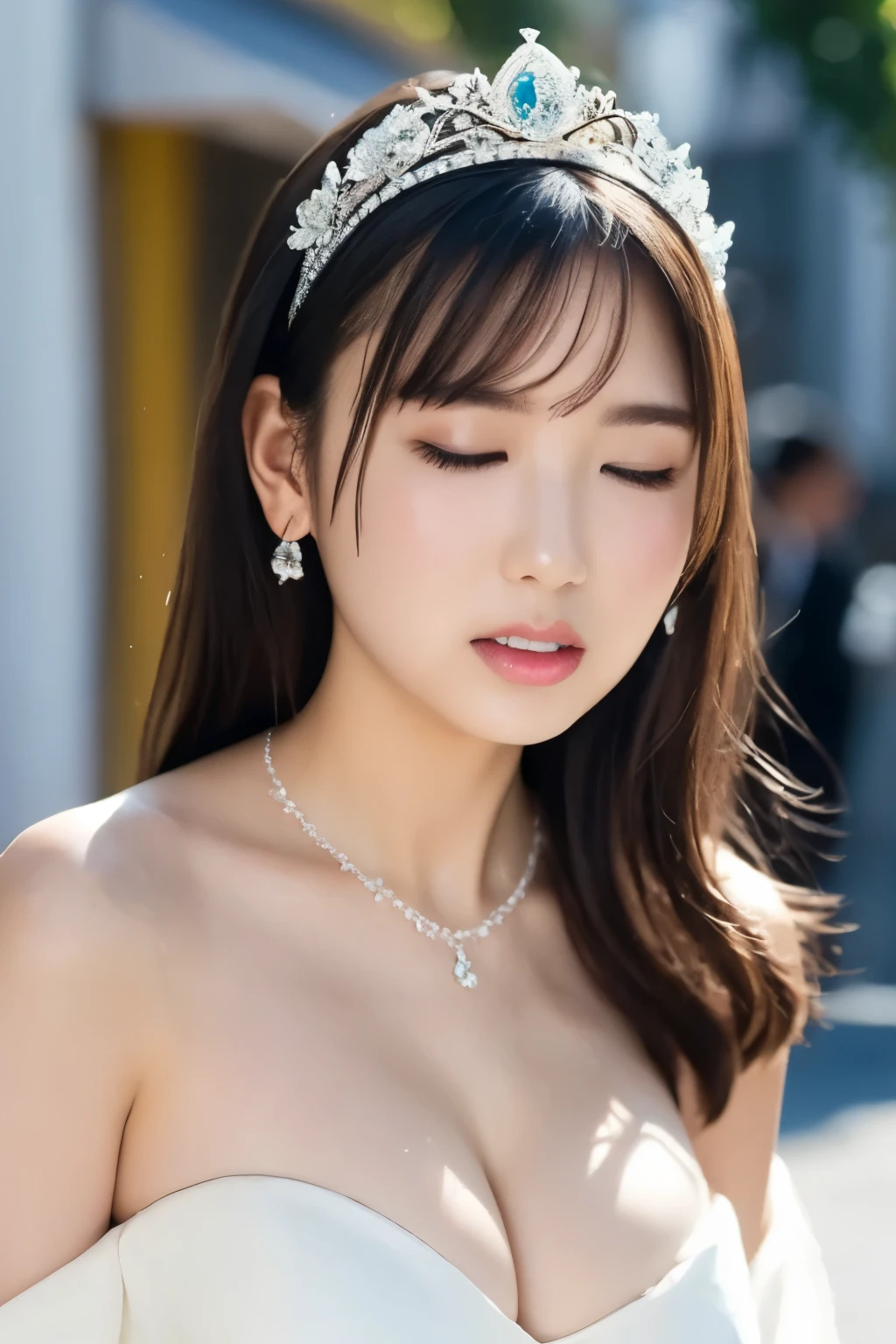 face focus , Open Your Mouth Wide , I have a large amount of condensed milk in my mouth,Condensed milk dripping from mouth 、Off the street , seductive woman,On the floor 、 close your eyes , off-the-shoulder wedding dress ,Adult female, small breasts cleavage 、 very small breasts、 Anatomically Accurate , high resolution model , Sweaty face、Gorgeous tiara、 necklace 、 earrings for a woman alone、 black hair with purple mesh、