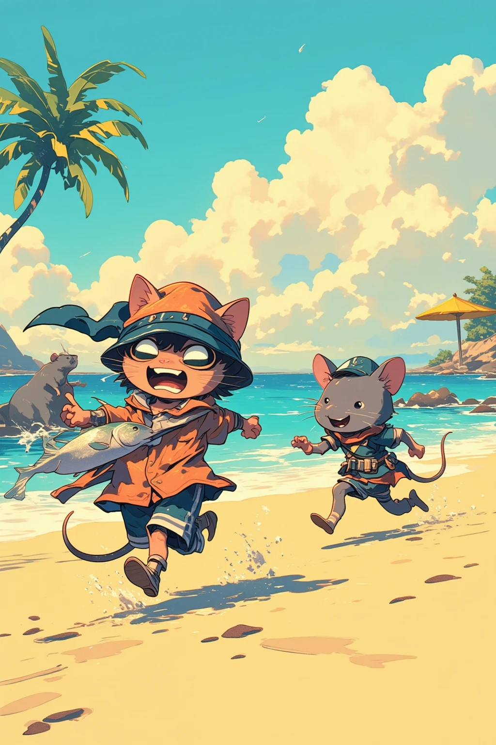  cartoon of a thief cat holding a fish on a sandy beach running away from a rat cop,plush toy art toy   , teddy bear,  Toy Machine   , Chill Hop,   album art,    art depicting pop ,  psychedelic hip hop album art ,    Promotional Art  , parasol,Swim ring,Cumulonimbus,  detailed cartoon ,amazing bathers , top quality ,  Ultra Fine, 