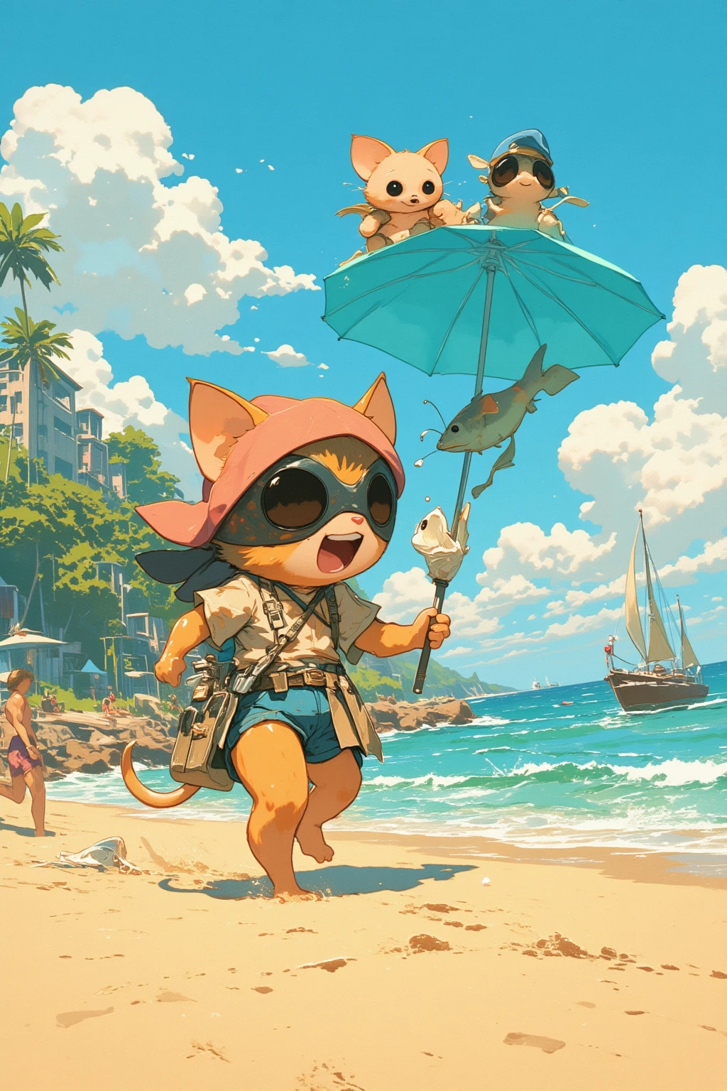  cartoon of a thief cat holding a fish on a sandy beach running away from a rat cop,plush toy art toy   , teddy bear,  Toy Machine   , Chill Hop,   album art,    art depicting pop ,  psychedelic hip hop album art ,    Promotional Art  , parasol,Swim ring,Cumulonimbus,  detailed cartoon ,amazing bathers , top quality ,  Ultra Fine, 