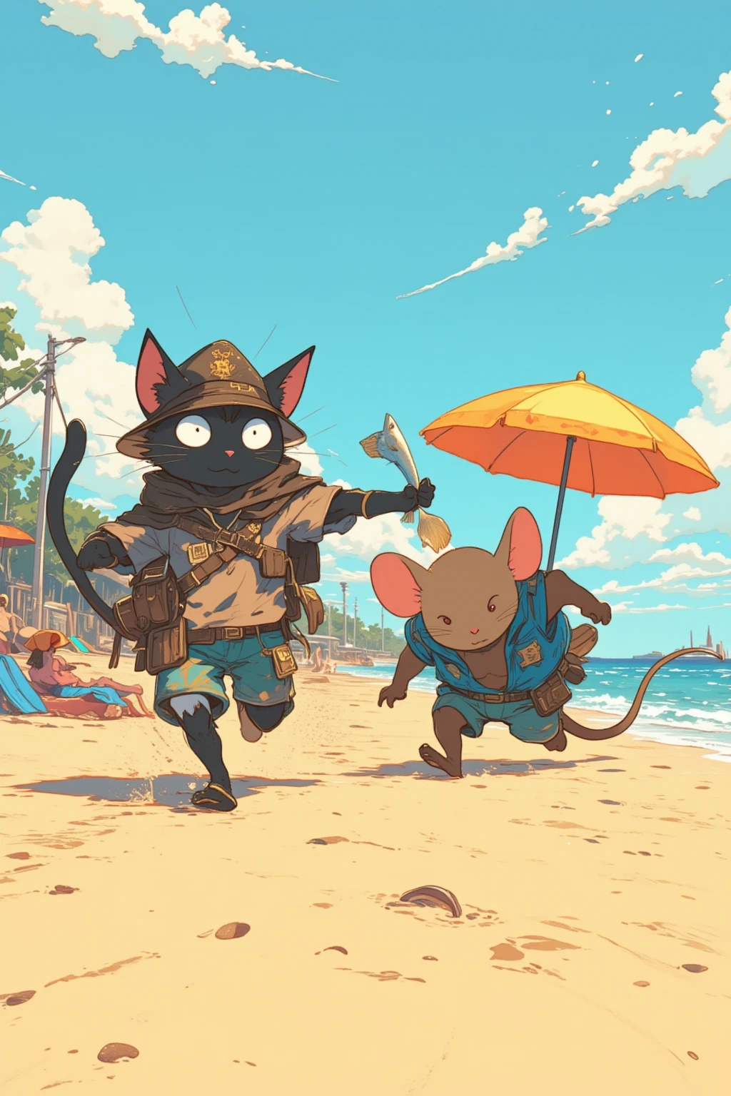  cartoon of a thief cat holding a fish on a sandy beach running away from a rat cop,plush toy art toy   , teddy bear,  Toy Machine   , Chill Hop,   album art,    art depicting pop ,  psychedelic hip hop album art ,    Promotional Art  , parasol,Swim ring,Cumulonimbus,  detailed cartoon ,amazing bathers , top quality ,  Ultra Fine, 