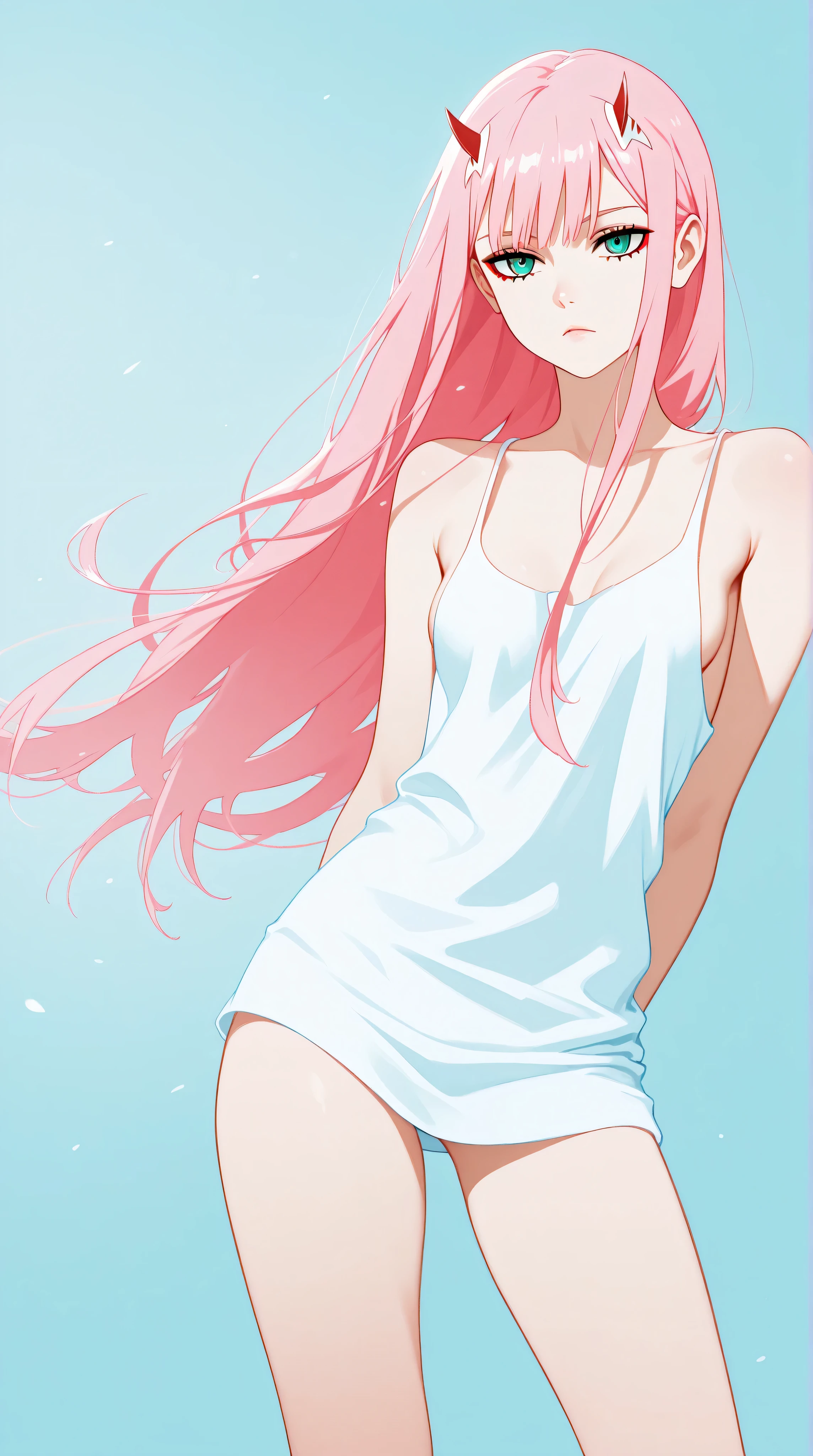 Zero Two from Darling in the Franxx, horns, pink hair, teal eyes, small breasts, slender legs, lingerie, standing in a relaxed contrapposto pose with her hands behind her back, she’s facing viewer straight, having a dramatic, neutral expression on her young face, her tank top revealing pronounced cleavage and sideboob, her long hair fluttering in the wind, with a pale color gradation, blending retro elements, contemporary digital art, and surrealism, with intricate details, 