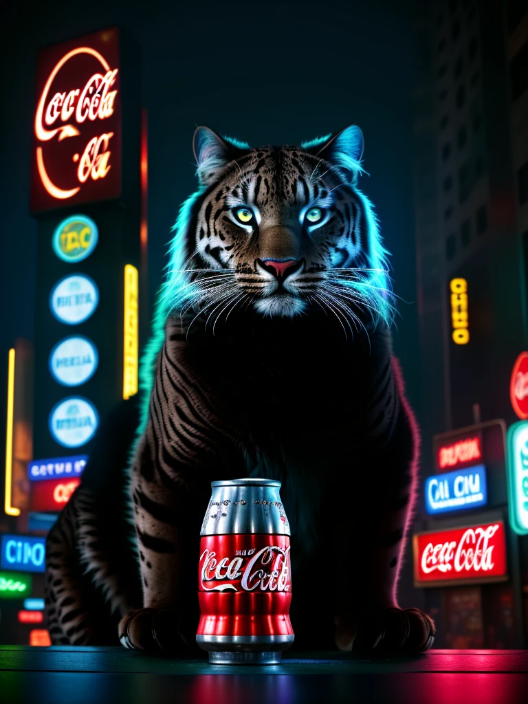 A close-up picture of a big cat with Coca-Cola and pizza in the futuristic cyberpunk neon tron world, cyberpunk city landscape, detailed intricate architecture, glowing neon lights, studio lighting, moody atmosphere, cinematic composition, vivid colors, 8k, photorealistic, masterpiece, hyper detailed, intricate details