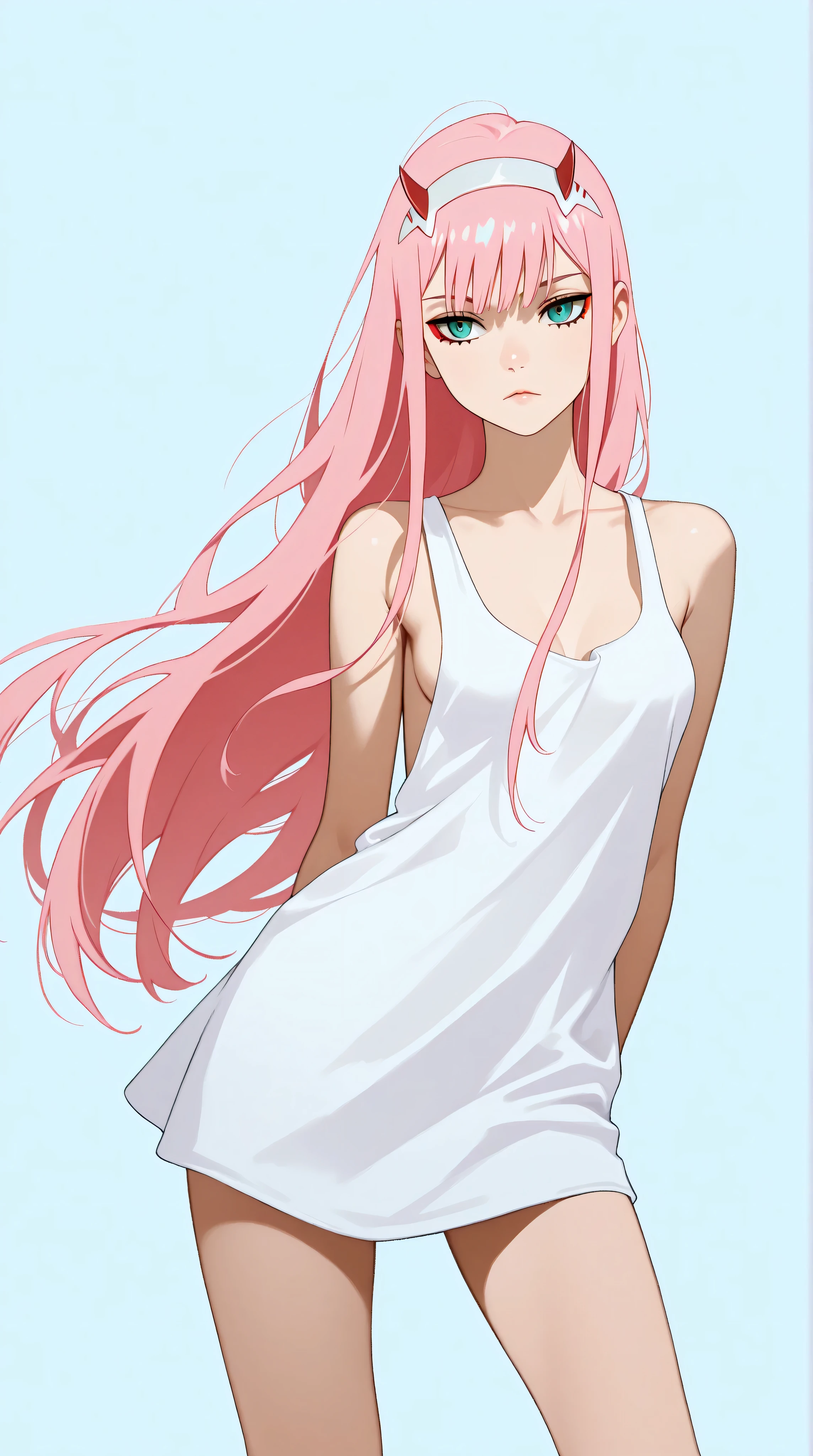 Zero Two from Darling in the Franxx, horns, pink hair, teal eyes, small breasts, slender legs, lingerie, standing in a relaxed contrapposto pose with her hands behind her back, she’s facing viewer straight, having a dramatic, neutral expression on her young face, her tank top revealing pronounced cleavage and sideboob, her long hair fluttering in the wind, with a pale color gradation, blending retro elements, contemporary digital art, and surrealism, with intricate details, 