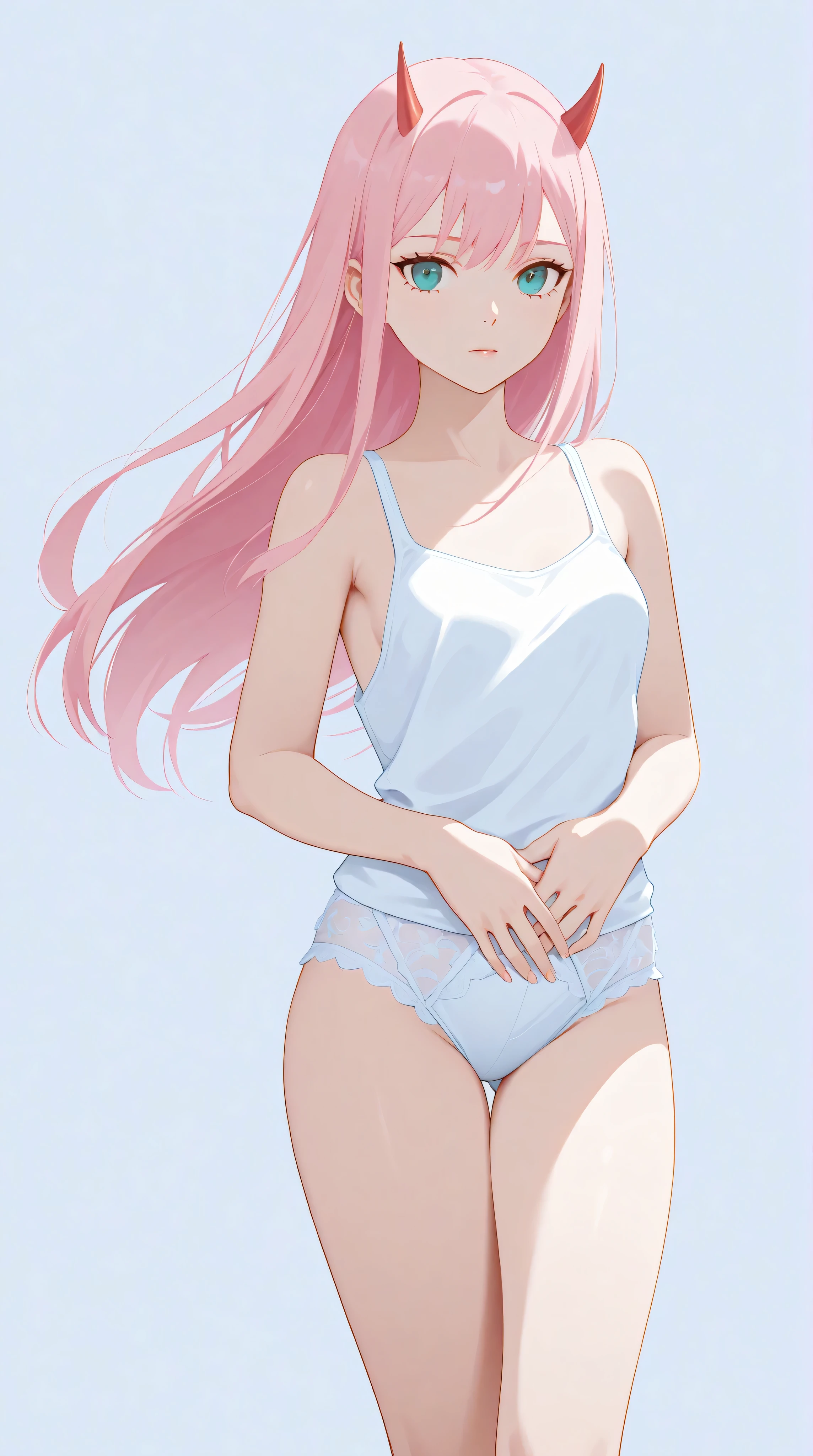 Zero Two from Darling in the Franxx, horns, pink hair, teal eyes, small breasts, slender legs, lingerie, standing in a relaxed contrapposto pose with her hands behind her back, she’s facing viewer straight, having a dramatic, neutral expression on her young face, her tank top revealing pronounced cleavage and sideboob, her long hair fluttering in the wind, with a pale color gradation, blending retro elements, contemporary digital art, and surrealism, with intricate details,