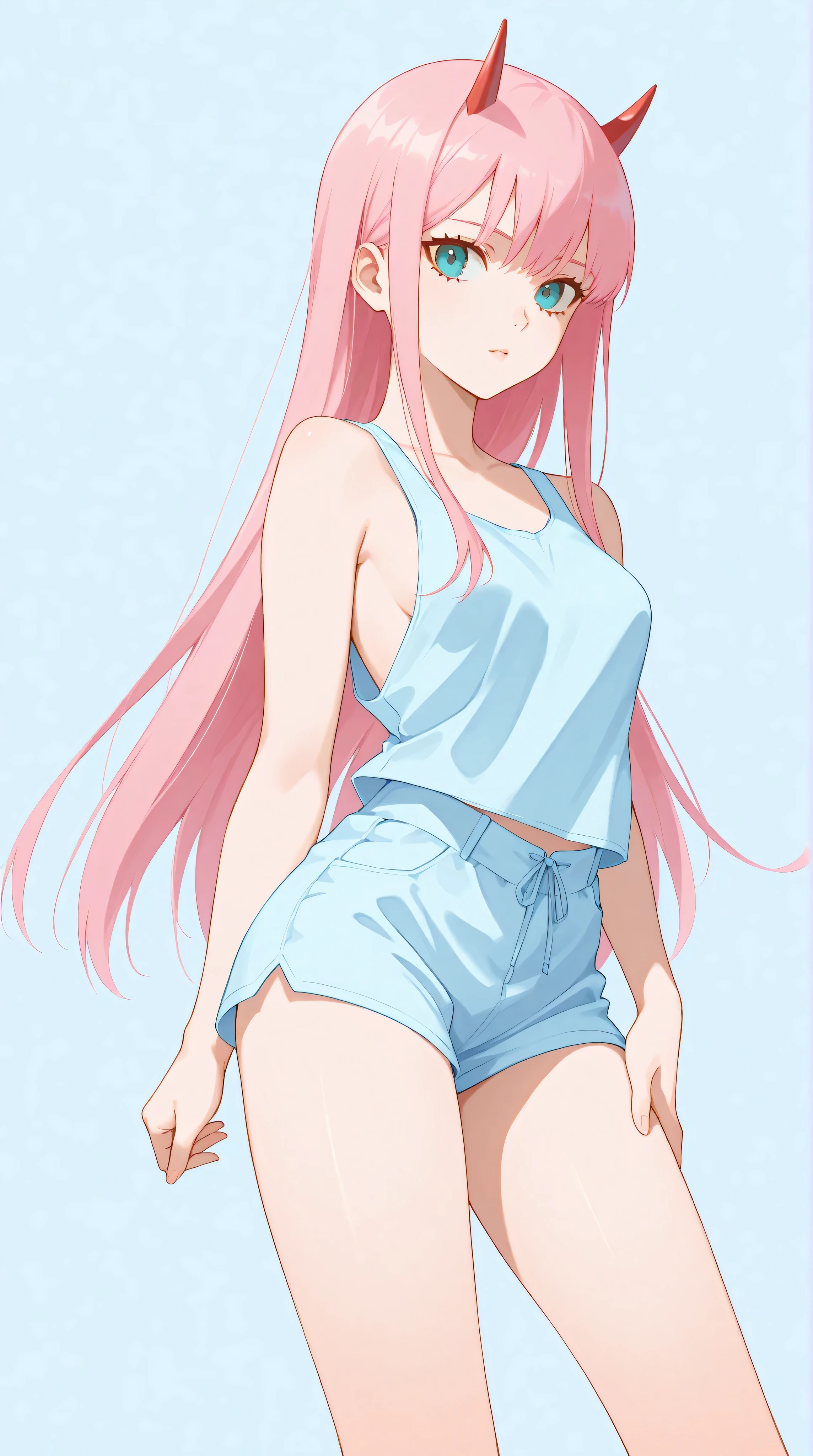 Zero Two from Darling in the Franxx, horns, pink hair, teal eyes, small breasts, slender legs, lingerie, standing in a relaxed contrapposto pose with her hands behind her back, she’s facing viewer straight, having a dramatic, neutral expression on her young face, her tank top revealing pronounced cleavage and sideboob, her long hair fluttering in the wind, with a pale color gradation, blending retro elements, contemporary digital art, and surrealism, with intricate details,