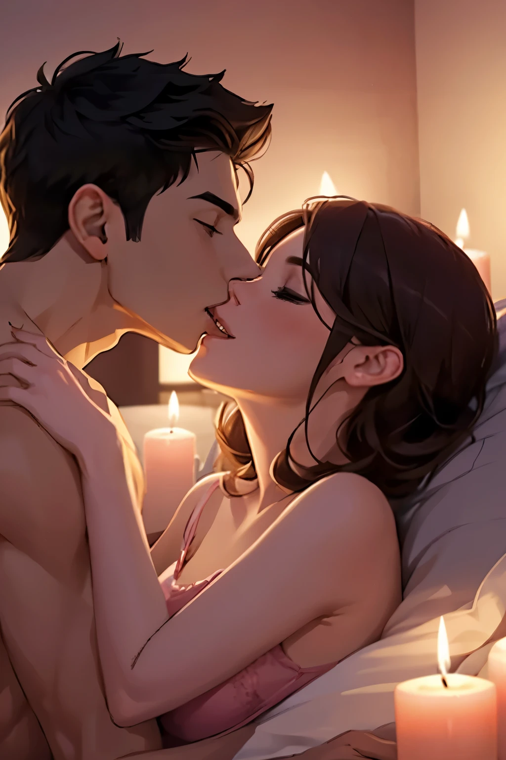 Boy and woman, beautiful woman, kissing each other with passion, in a bedroom, bright room, candles lit, night time,