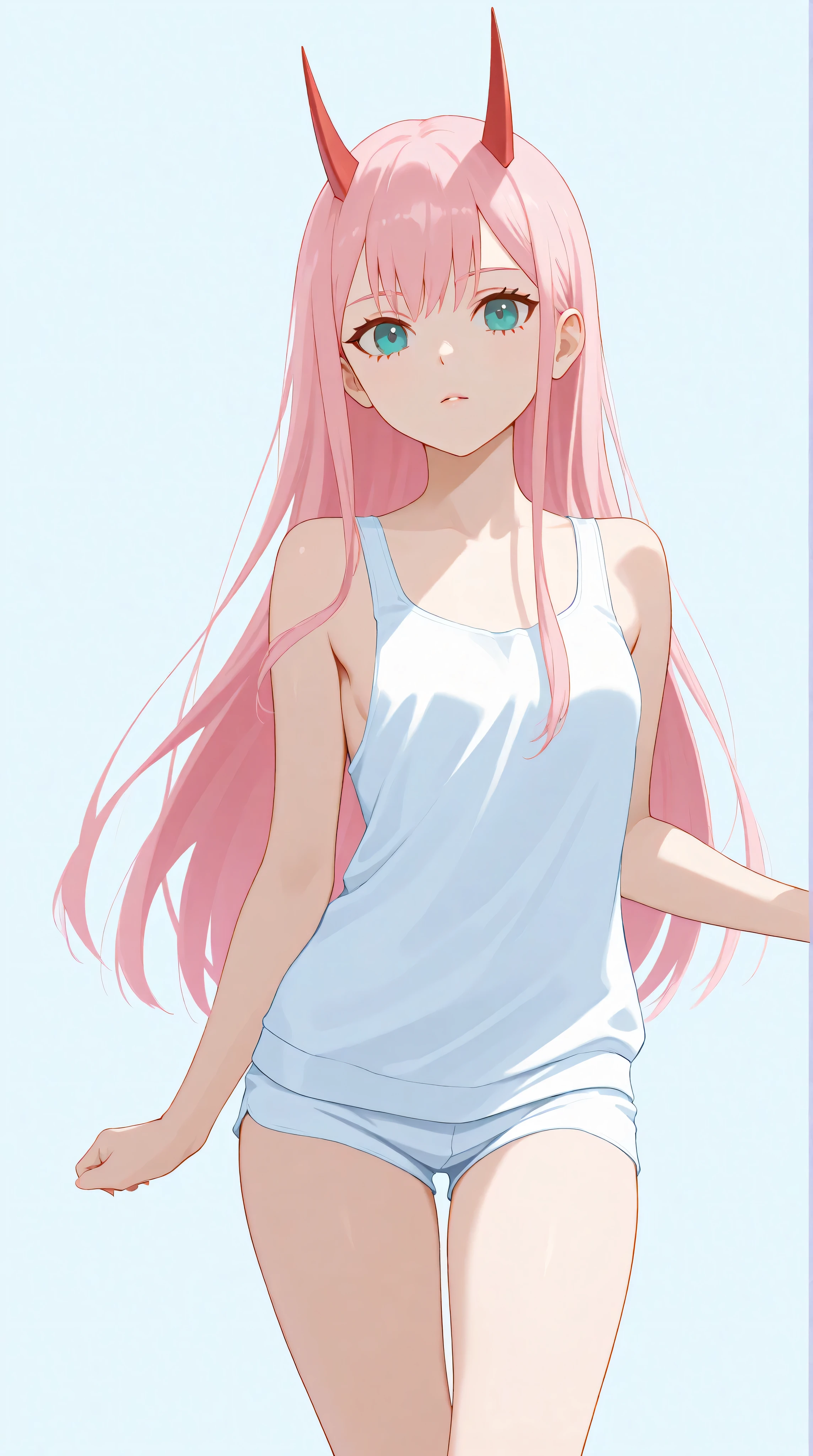Zero Two from Darling in the Franxx, horns, pink hair, teal eyes, small breasts, slender legs, lingerie, standing in a relaxed contrapposto pose with her hands behind her back, she’s facing viewer straight, having a dramatic, neutral expression on her young face, her tank top revealing pronounced cleavage and sideboob, her long hair fluttering in the wind, with a pale color gradation, blending retro elements, contemporary digital art, and surrealism, with intricate details,